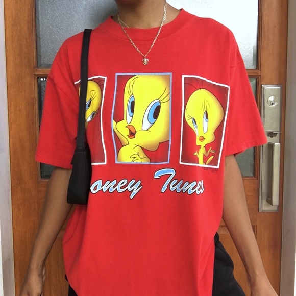 Vintage Tops - Vintage 90s Tweety Bird Graphic Tee T-Shirt Red Top Looney Tunes Cartoon Womens